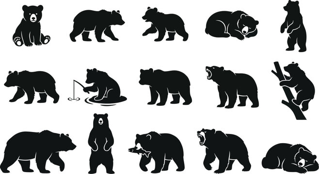 Black silhouettes of various dog breeds in style cartoon dogs pet animal dog breed black and white