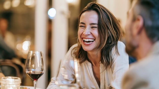 Joyful woman laughing, enjoying an intimate conversation and fine dining evening at a restaurant