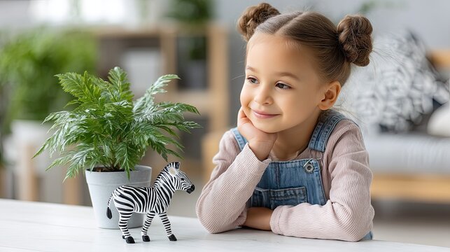 Happy little girl with brown hair in buns rests chin on hands while looking at a zebra toy in a bright indoor setting with plants and cushions