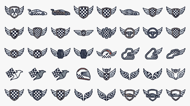 Striking checkered wing racing car crest emblem with dynamic speed design elements for motorsport enthusiasts and automotive branding