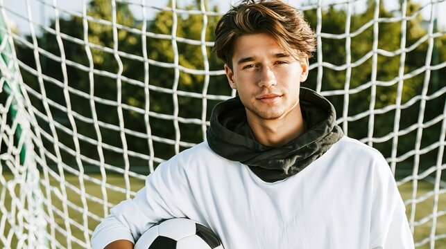 Young male soccer player standing by goal net, holding football, reflecting sport passion and determination