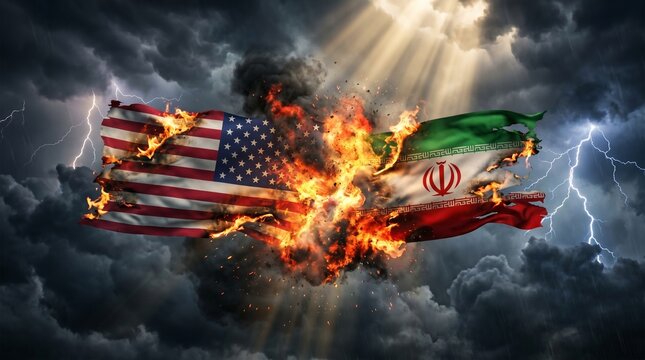 American and iranian flags collide in fiery explosion under stormy sky
