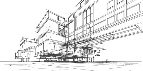 Architectural sketch of a modern building with geometric shapes and minimalist lines ©  Designer