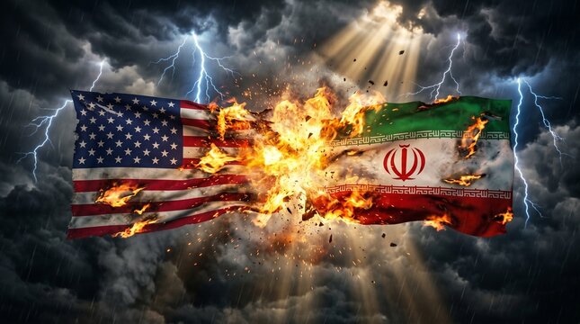 American and iranian flags collide in fiery explosion with lightning storm