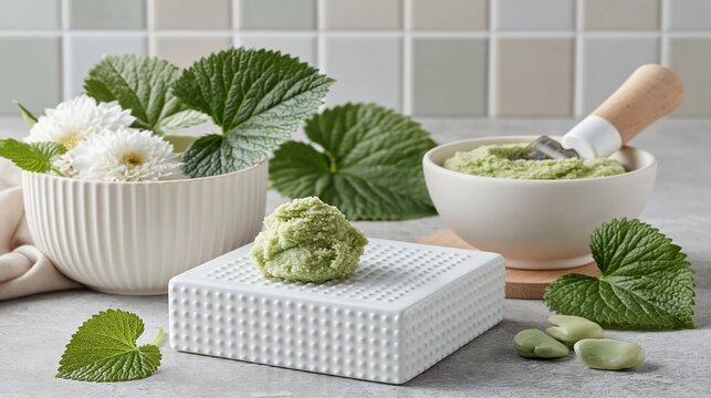 白い陶器のおろし器に盛られたすりおろしわさび。新鮮な薬味と調理器具。和食の盛り付け