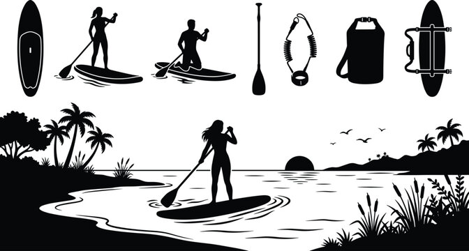 Stand up paddle board silhouette collection with sup paddler icons and tropical sunset landscape scene isolated