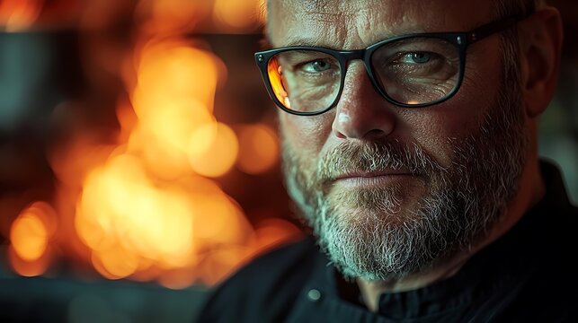 Close up portrait of a bearded man wearing glasses with a fiery bokeh background