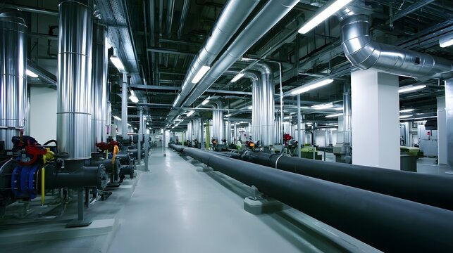 A detailed view of a modern industrial facility showcasing mechanical equipment and balanced internal illumination