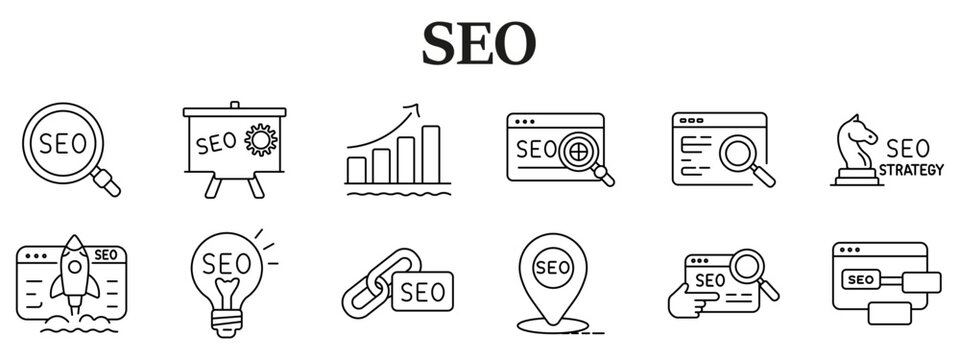 SEO set icon. Line icons depict magnifier badge, presentation board gear, growth chart arrow, browser window target, browser search magnifier, chess strategy, rocket launch, idea bulb, link chain
