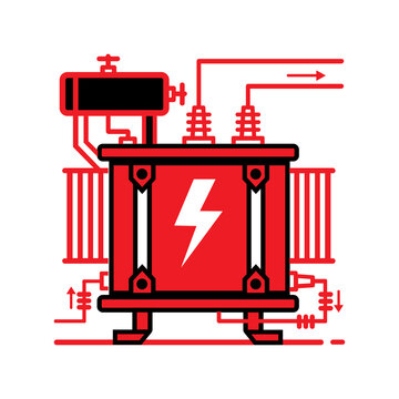 Red and black high voltage danger symbol on electrical machinery with arrows indicating current flow.