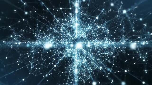 Abstract digital network of glowing points and lines on a dark background.
