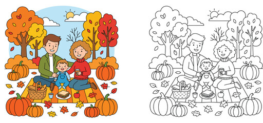 Fototapeta premium Family autumn picnic with pumpkin coloring book page and colored vector illustration. Happy parents with baby having a picnic in fall park line art template.