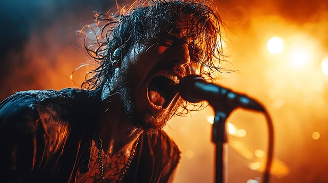 Male singer with wet hair and tattoos screams into microphone on a dimly lit stage