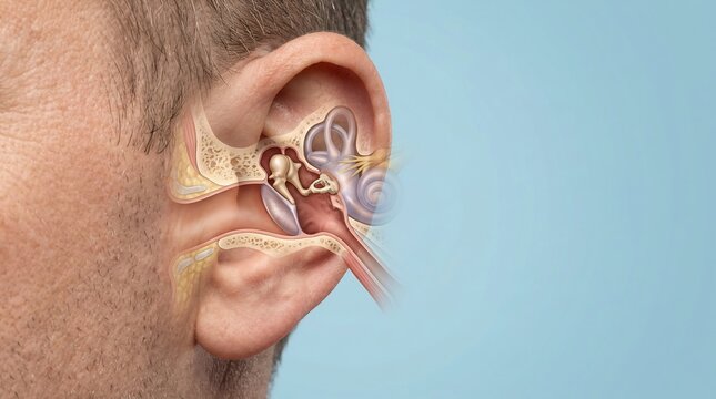 Detailed human ear anatomy cross section showing internal auditory structures and hearing mechanism on a male profile