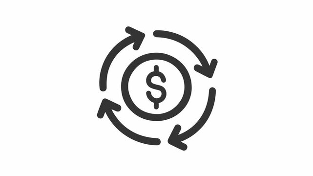 Professional flat icon of a dollar coin with rotating arrows showing financial circulation and steady growth on white background.
