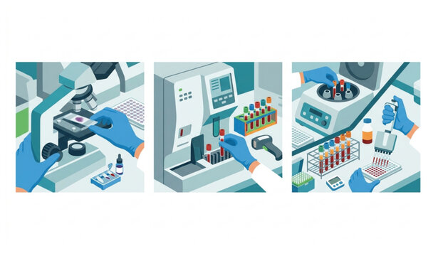 Veterinary Diagnostic Laboratory Banner Set with Blood Sample Testing Scenes