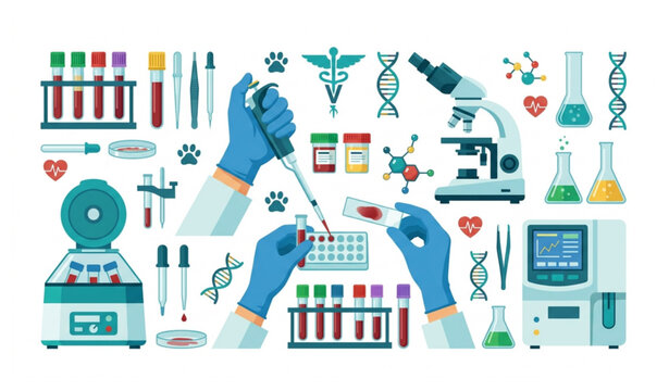 Veterinary Laboratory Banner Vector with Blood Sample Analysis and Diagnostics