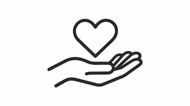 Minimalist black line icon of a human hand gently cupping a heart symbol representing compassion and care on white background.