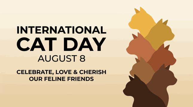 International cat day poster design with a stack of cat silhouettes in various shades of brown on a gradient background, august 8 celebration