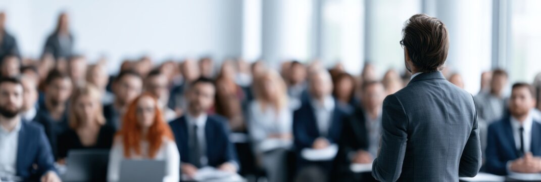 Business presenter speaking to corporate seminar audience in modern training room