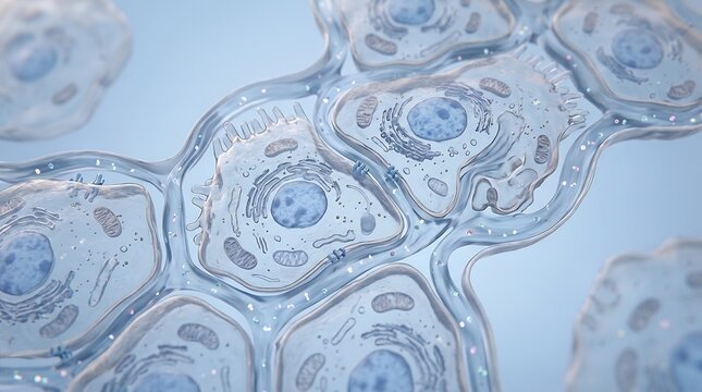 3D Illustration of Microscopic Biological Cells with Visible Organelles and Intercellular Fluid Connections