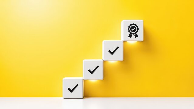Business success journey showing quality assurance and achievement with progress steps