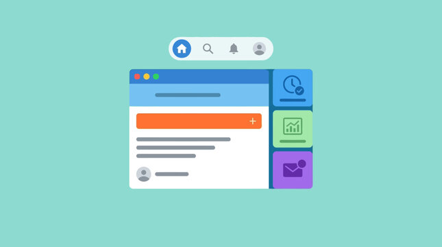 Modern Dashboard Interface featuring minimalist flat design UI with colorful widgets and navigation icons on a teal background ideal for web development and tech marketing.