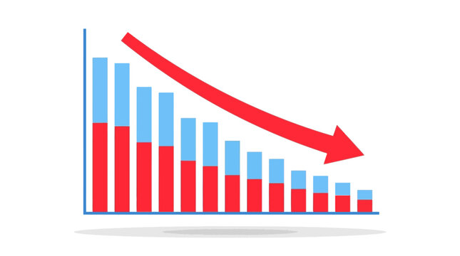 Financial Crisis Illustration featuring red and blue stacked bar chart with a large red arrow pointing downwards on white background ideal for economic reports and market crash news.