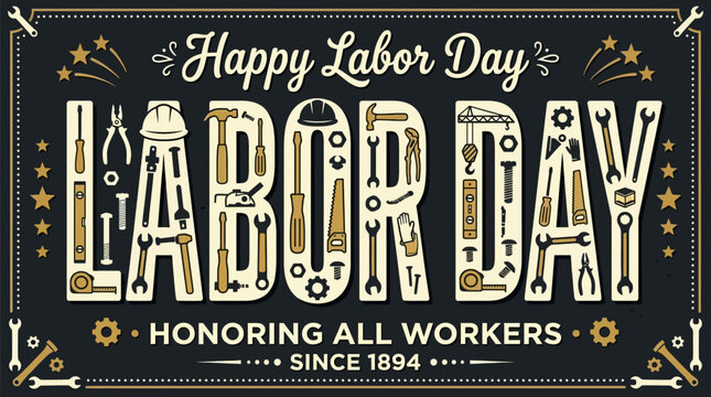 Happy labor day greeting card with tools forming the letters of the word labor day, honoring all workers since 1894, vector illustration