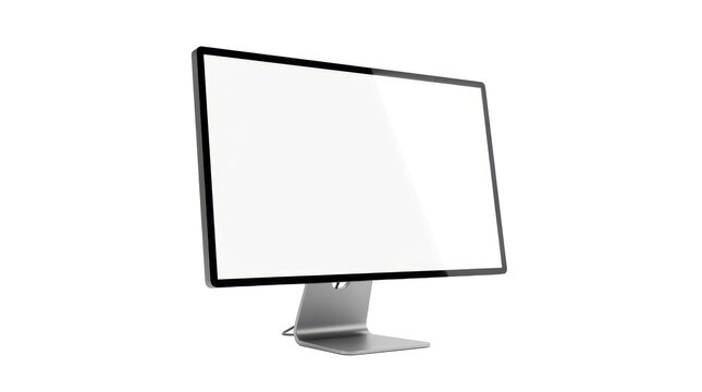 A modern flat-screen computer monitor with a blank white screen is angled on a clean white background, showcasing a minimalist and professional aesthetic.