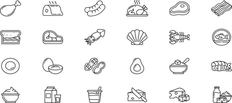 Comprehensive set of protein food icons featuring meat fish dairy and plant based sources