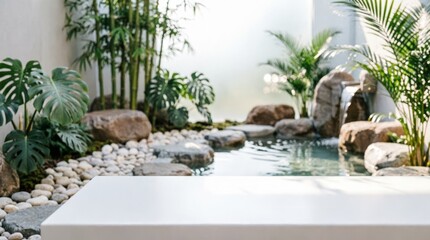 Fototapeta premium Tropical Garden with Water Feature and White Podium for Product Display
