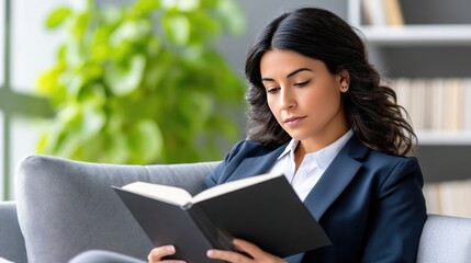 Fototapeta premium Blonde woman seated in a light grey chair, reading a book in a bright room with plants and shelves visible in the background