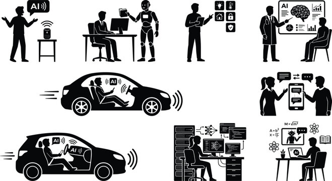 Artificial intelligence technology icon set featuring autonomous driving neural networks smart automation and machine learning silhouette vector illustrations