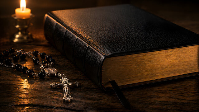 A holy bible and a rosary on a dark wooden table with a lit candle