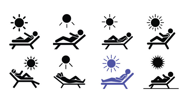 Lounging person icons with sun symbols flat vector silhouettes on white background relaxation lounge sunbathing