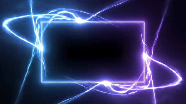 Two glowing neon frames, one blue and one purple, on a black background.