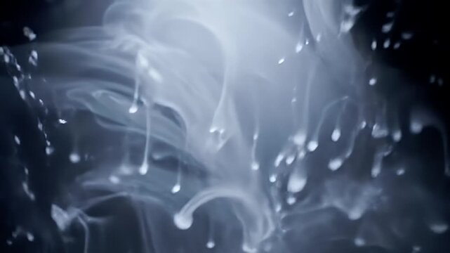 Abstract white smoke plumes and droplets on a black background