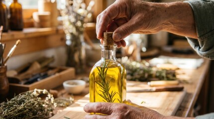 Obraz premium Hands carefully corking a bottle of golden rosemary-infused oil. Perfect for homemade cosmetics, organic skincare, and natural wellness.