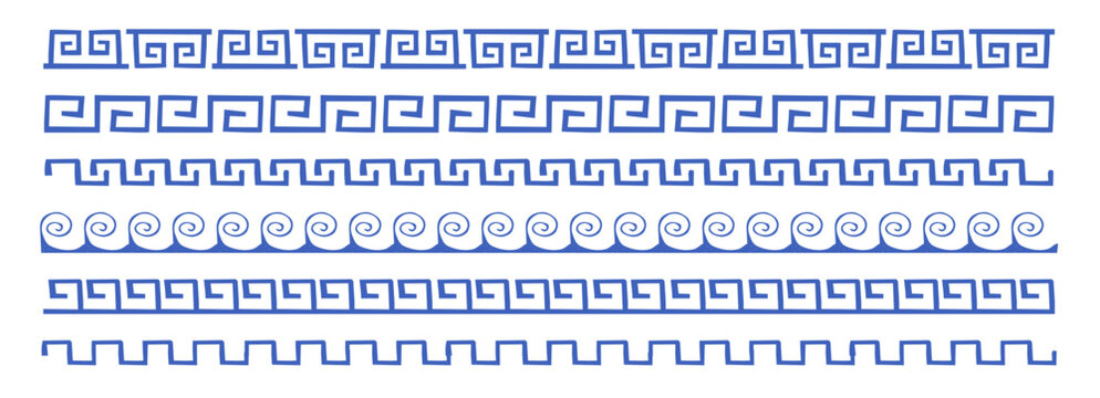 Greek Key Rectangle Border set, doodle ethnic ornament. Greek motives divider. Collection traditional Greek geometric pattern hand drawn. 