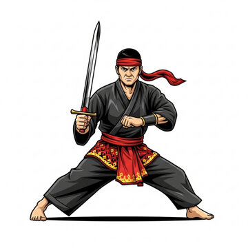 Indonesian pencak silat fighter holding a sword in martial arts stance vector illustration