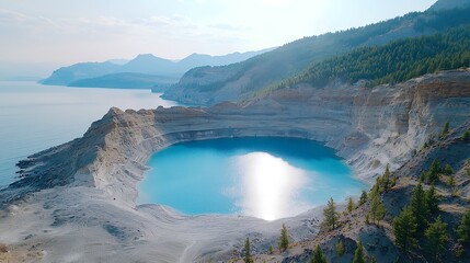 Fototapeta premium Volcanic Crater Lake with Bright Blue Water Surrounded by Forest and Mountains on a Clear Day