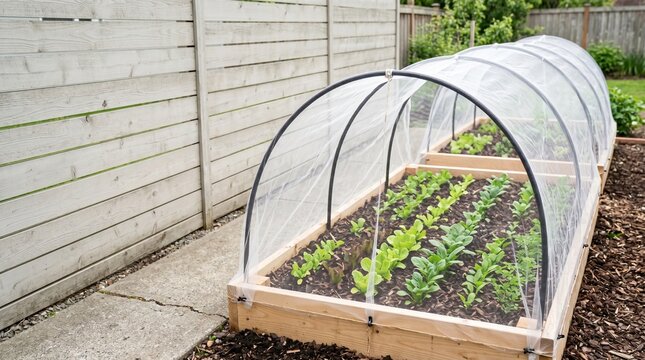 Raised vegetable garden bed covered with protective netting outdoors  