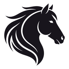 Black silhouette of a horse head with flowing mane turning right  side view icon © Sieam