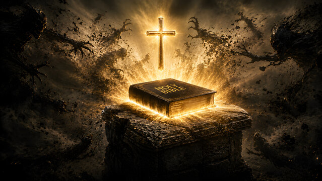 A glowing holy bible on a stone altar with a radiant cross