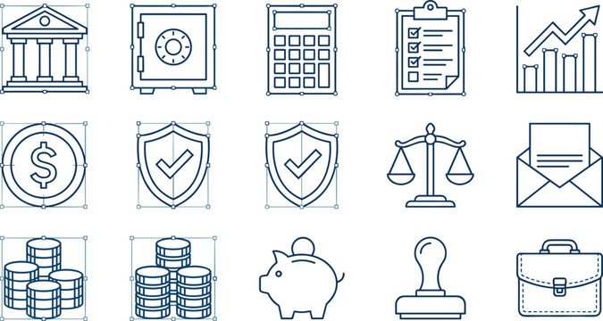 Financial and Banking Line Icon Set with Investment Growth, Security Protection, Accounting Tools, Money Management, and Business Finance Concepts
