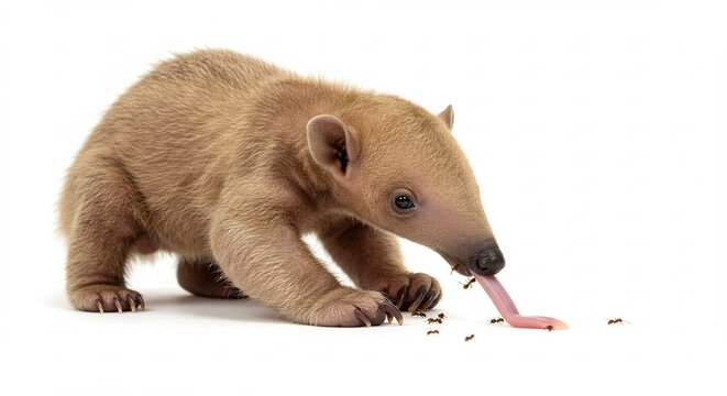 Charming young tamandua pup actively eating small insects with clean highkey studio lighting. AI Generated