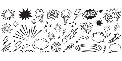 Set of hand drawn comic book style explosion effects and speech bubbles for graphic design ©  Designer