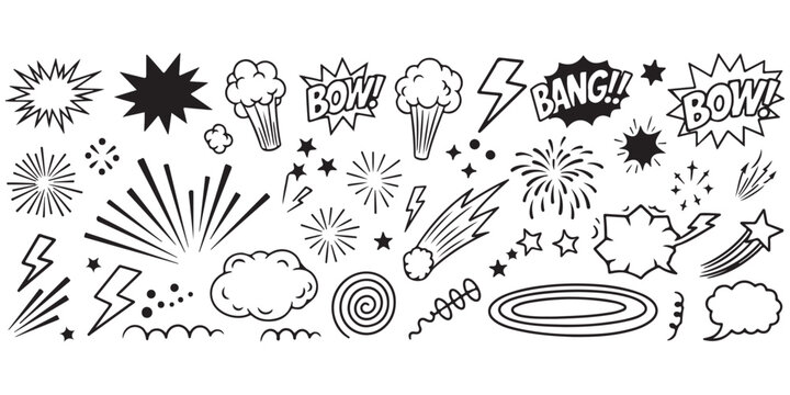 Set of hand drawn comic book style explosion effects and speech bubbles for graphic design