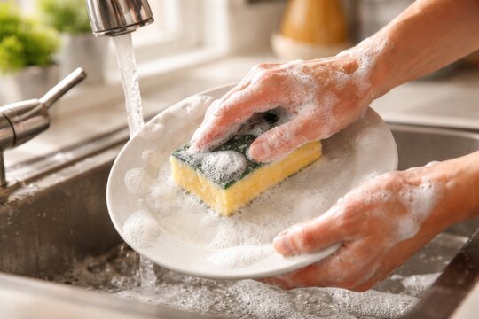 Hands washing a white plate with a yellow sponge under running water in a kitchen sink.